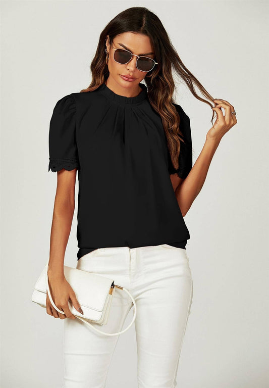 FS Collection - Lace Trim Detail Short Sleeve High Neck Blouse Top In Black: Black / S