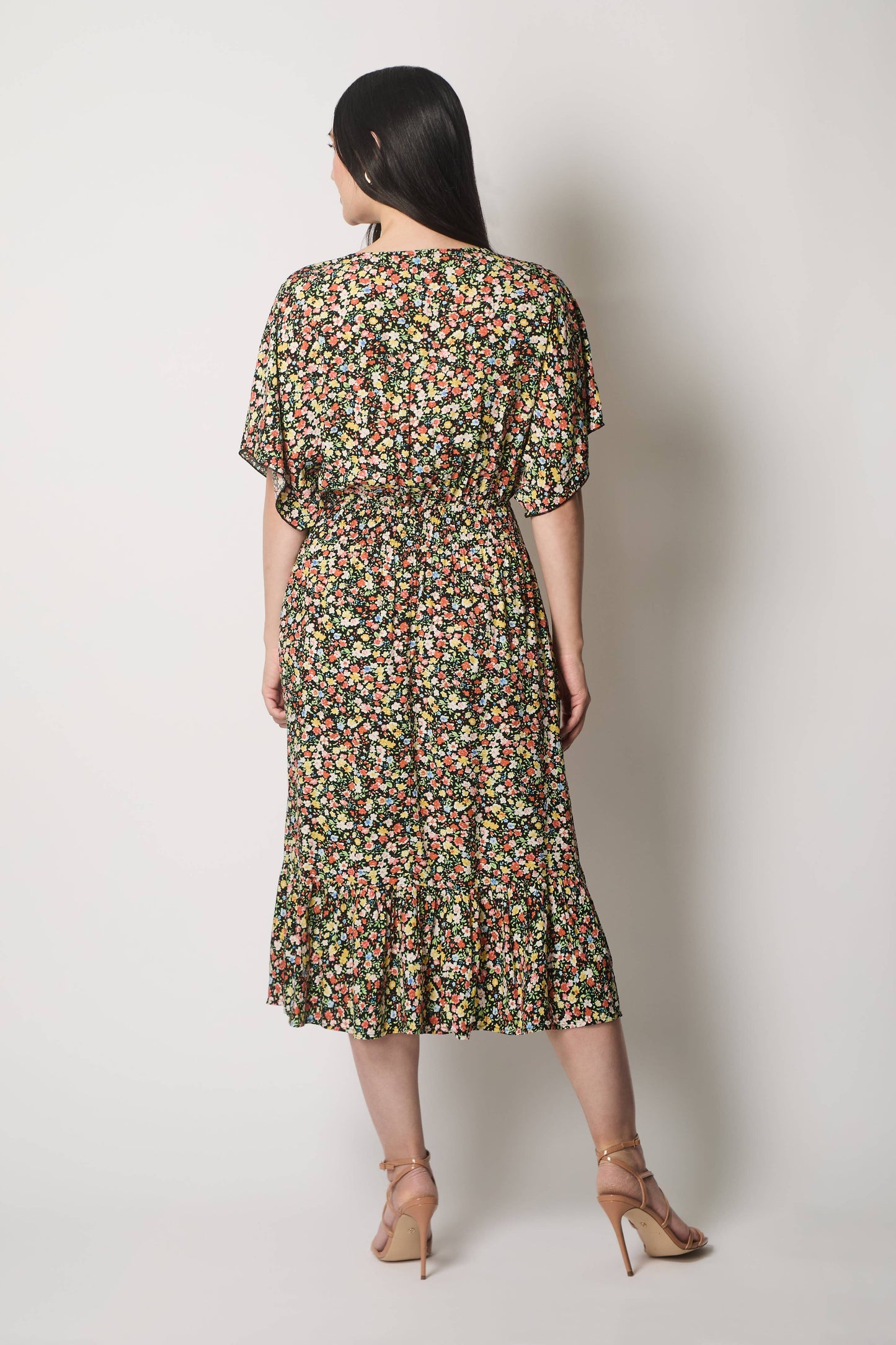SOLO - Floral Print Midi Dress with Flutter Sleeves - Black: 16