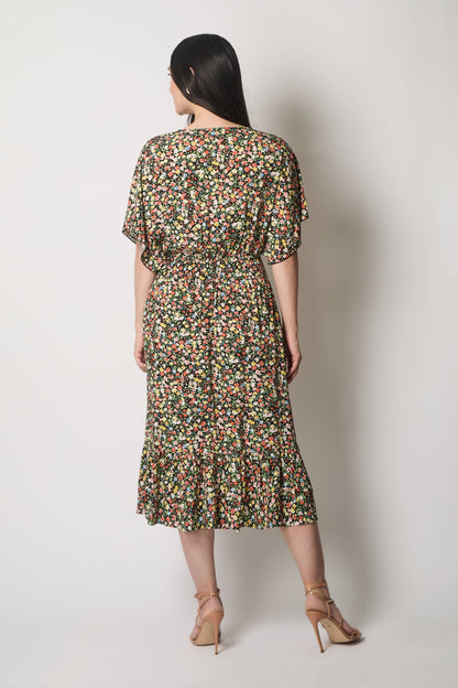 SOLO - Floral Print Midi Dress with Flutter Sleeves - Black: 12