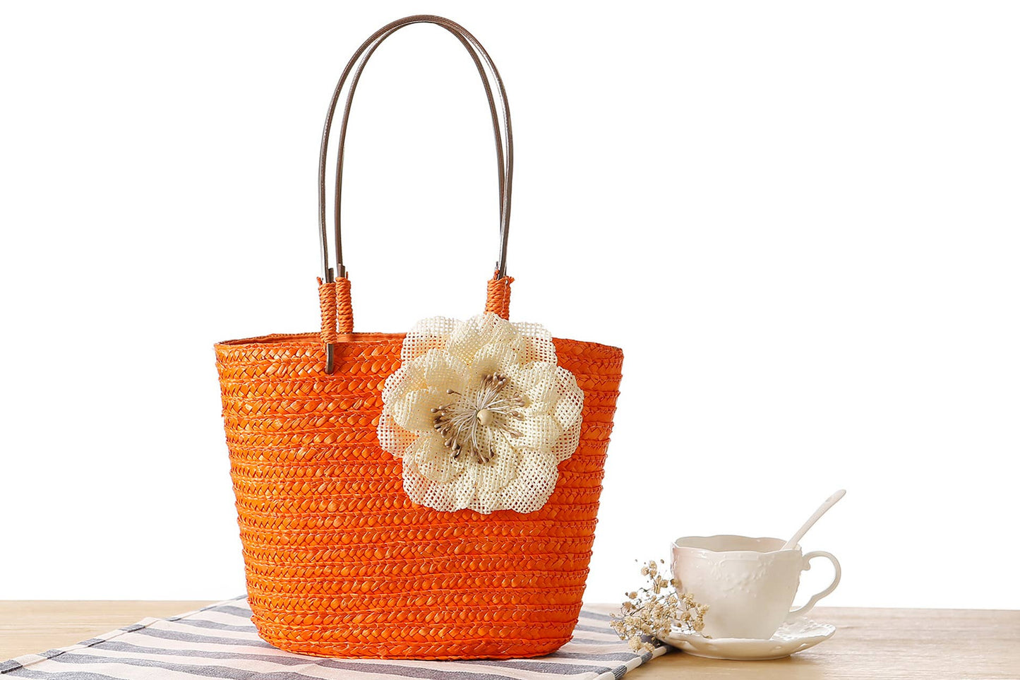 Superbia - Small Flower Bright Colors  Straw Basket Bag-Cl-27: Beige