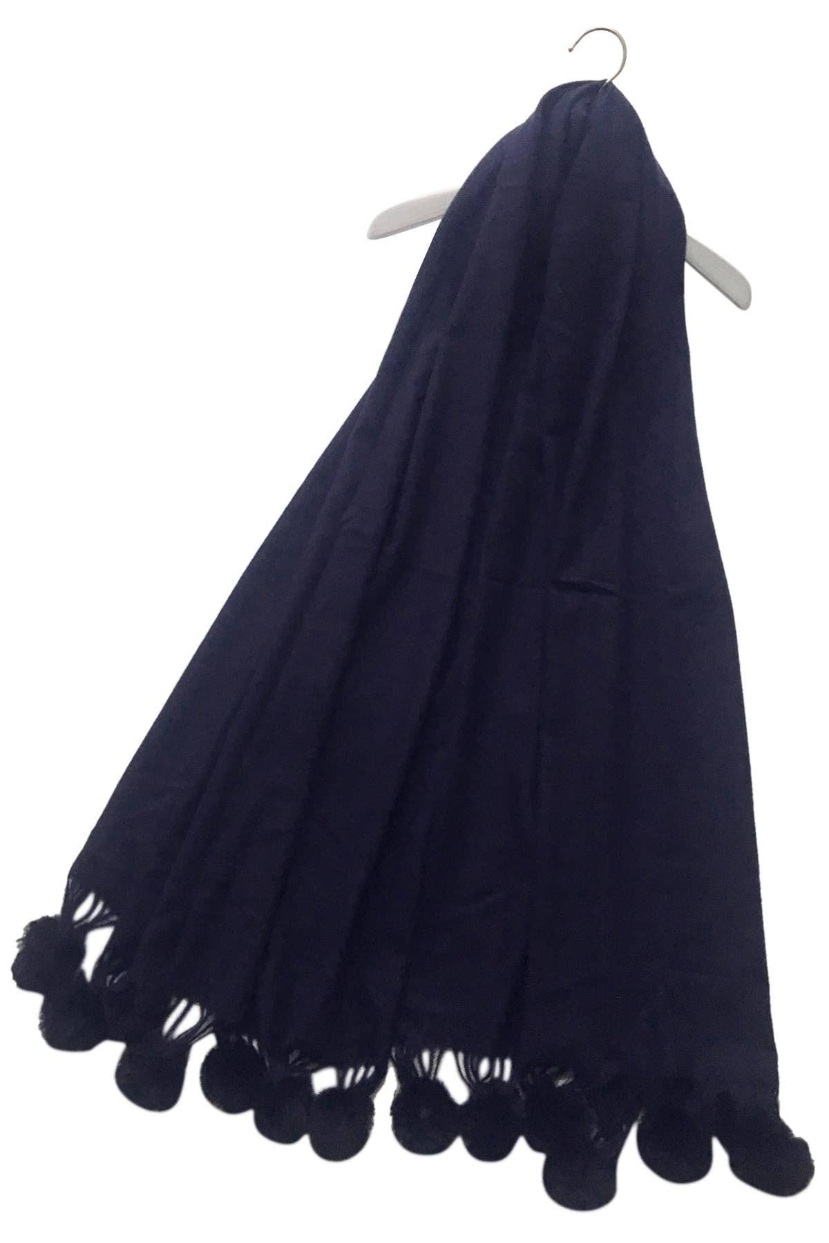 Fashion Scarf World - Plain Wool Pom Pom Scarf: Navy Blue