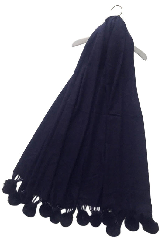 Fashion Scarf World - Plain Wool Pom Pom Scarf: Navy Blue