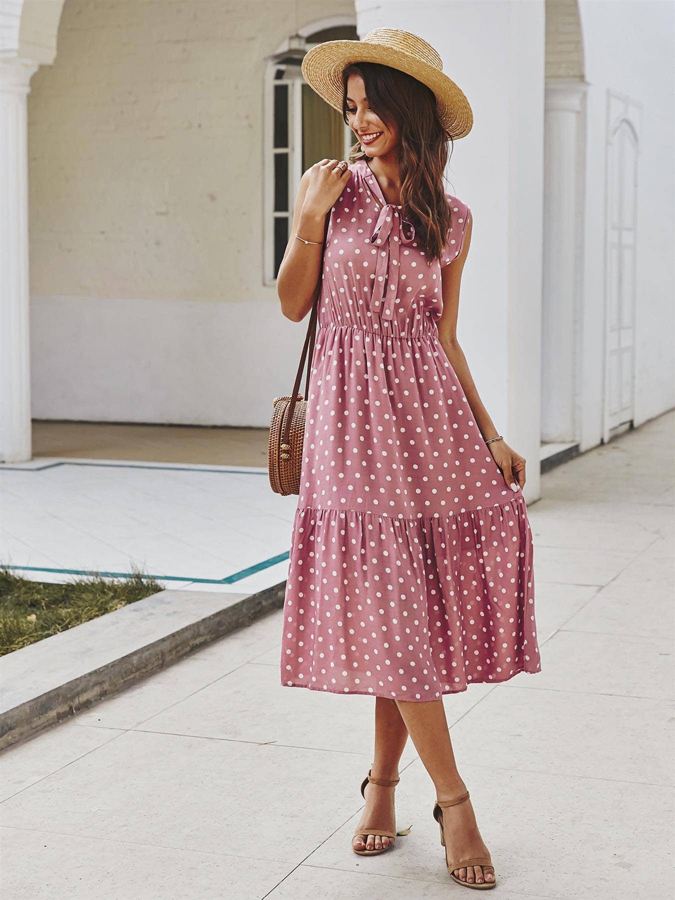 FS Collection - Tiered Midi Dress In Pink Polka Dot: 14