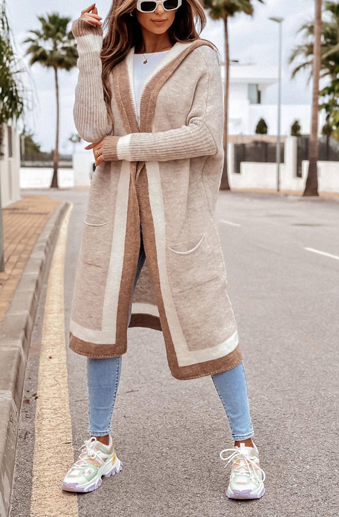 Bahira Longline Hooded Knitted Cardigan-Brown: Brown ONE SIZE