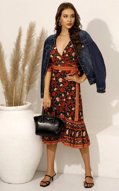 FS Collection - Midi Wrap Dress In Black & Red Rose Floral Print: 12