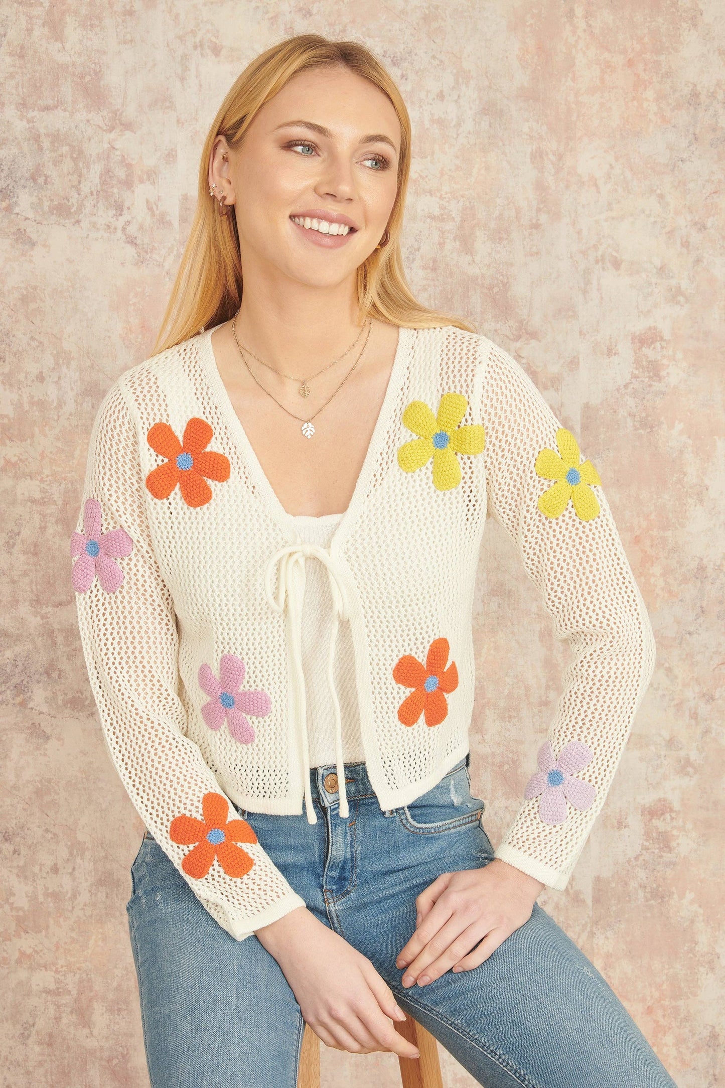 Yumi - Yumi White Tie Front Cardigan With Flower Design: Ivory / M