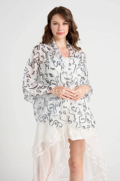 Fashion Scarf World - Abstract Face Print Frayed Scarf: Blue