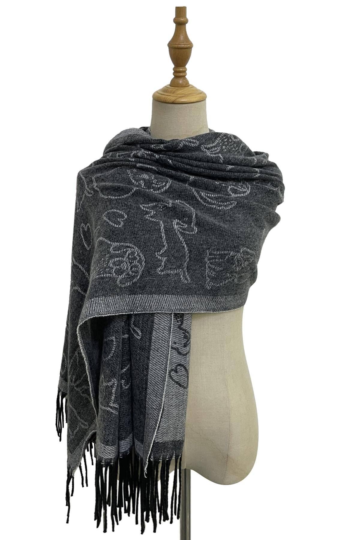 Fashion Scarf World - Cute Dog & Love Heart Reversible Print Tassel Scarf: Charcoal