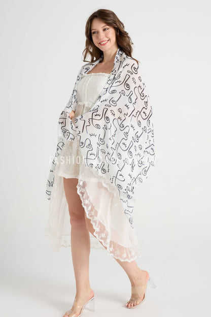 Fashion Scarf World - Abstract Face Print Frayed Scarf: White