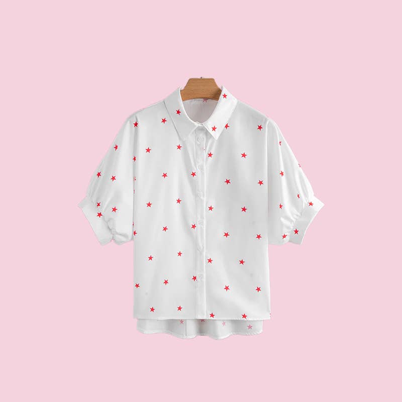 MUWATI - Little Stars Printed Loose Half Sleeve Loose Shirt: White / L