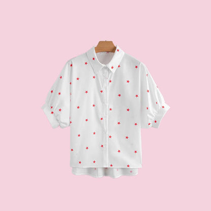 MUWATI - Little Stars Printed Loose Half Sleeve Loose Shirt: White / L