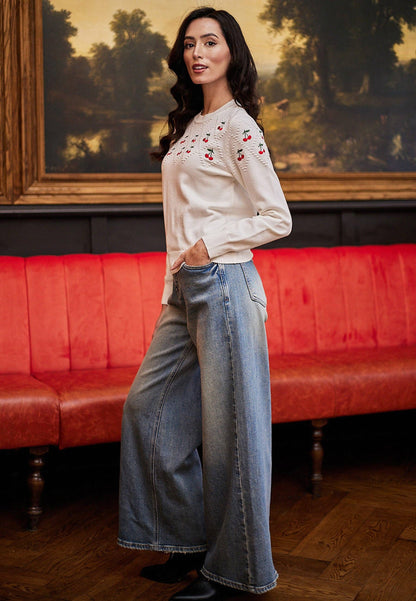 ANGELEYE - White Jumper With Cherry Embroidered Detail: M