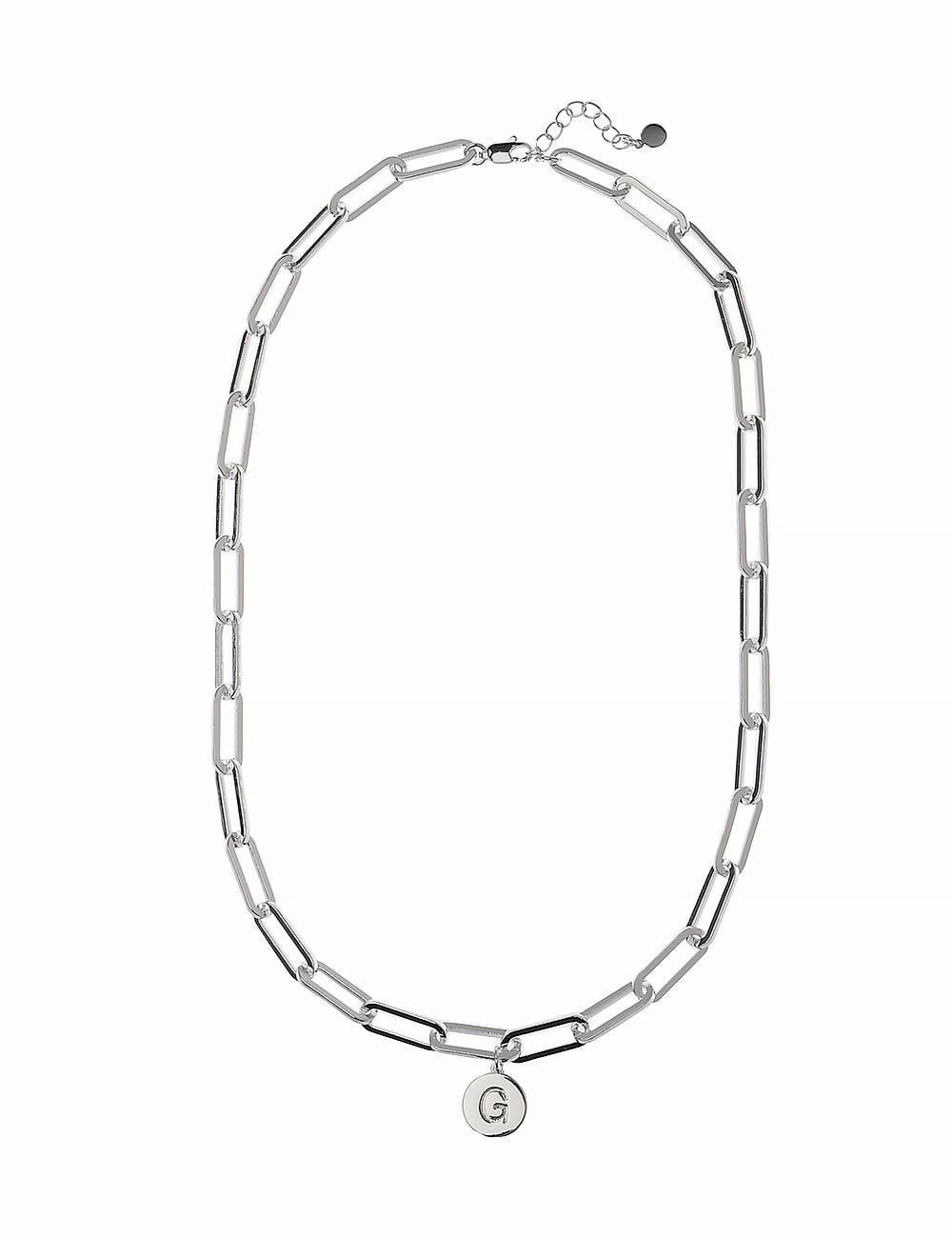 Oceanic Jewellers - Majique London - Shiny Silver Link Necklace With Disc Initial: Silver / D
