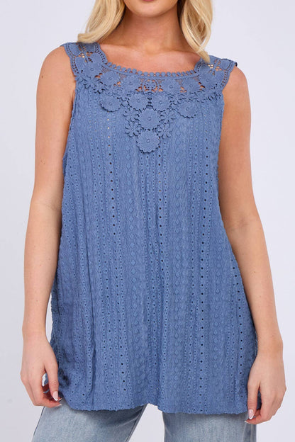 Embroidered Crochet Wide Lace Strap Vest Ladies Top: Sage / One Size To Fit UK 14 to 20