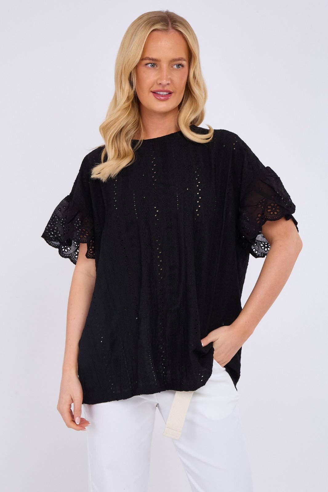 Crochet Embroidered Frill Sleeve Stretchable Top: Beige / One Size To Fit UK 12 to 18