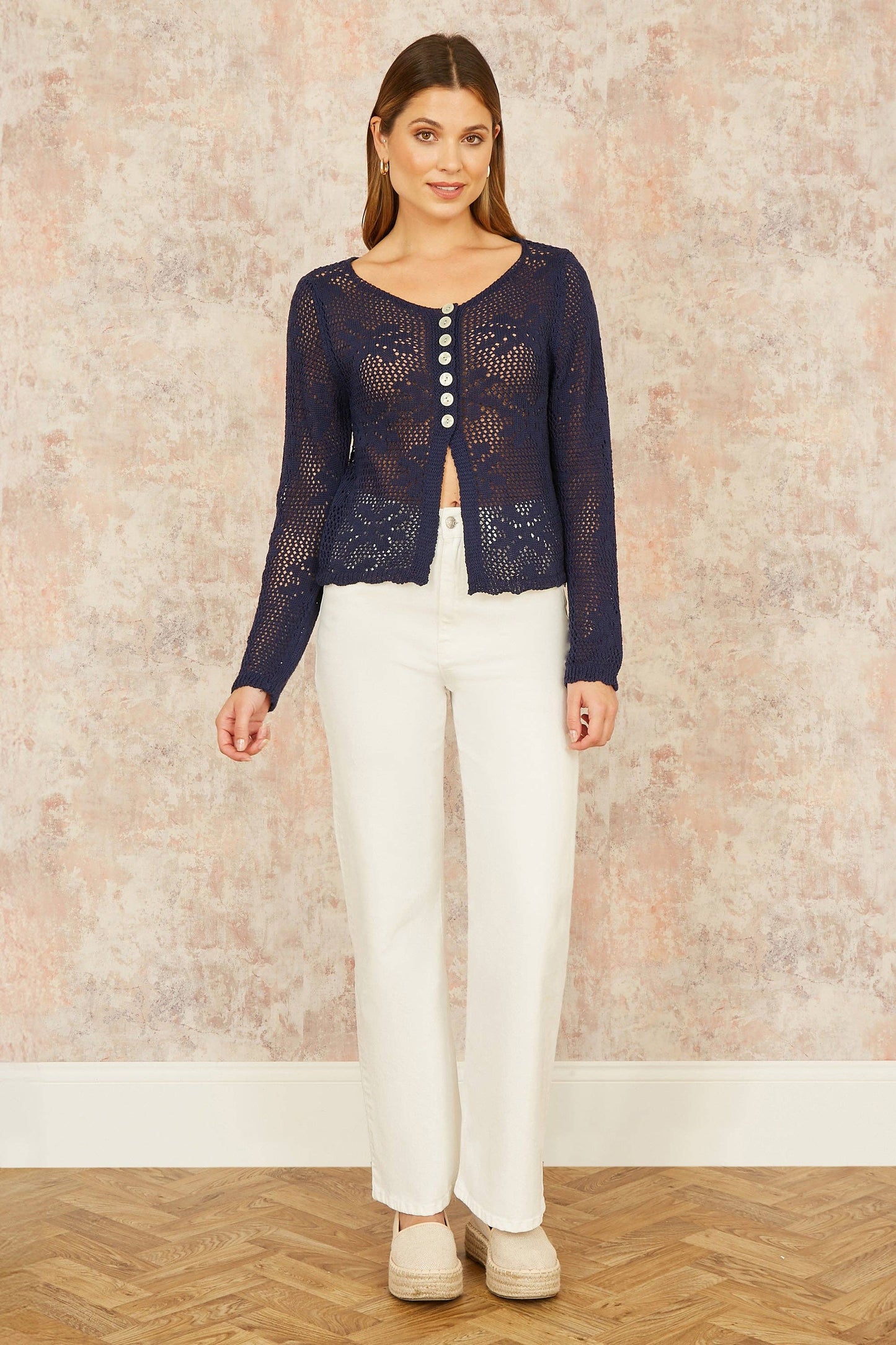 Yumi - Yumi Navy Flower Crochet Button Up Cardigan: Navy / M