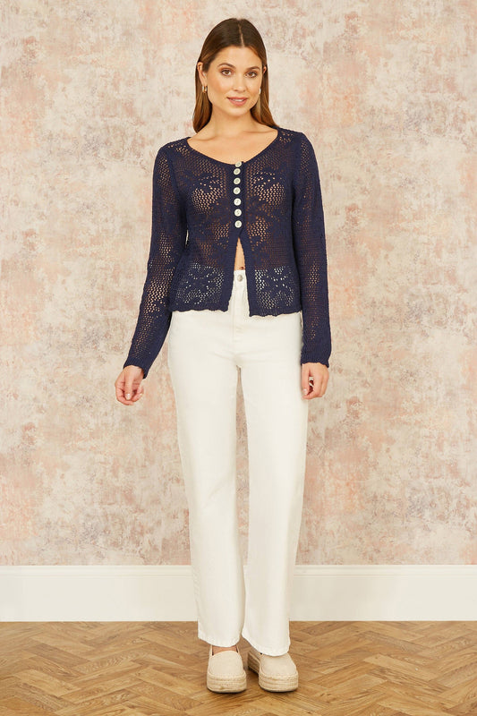 Yumi - Yumi Navy Flower Crochet Button Up Cardigan: Navy / M