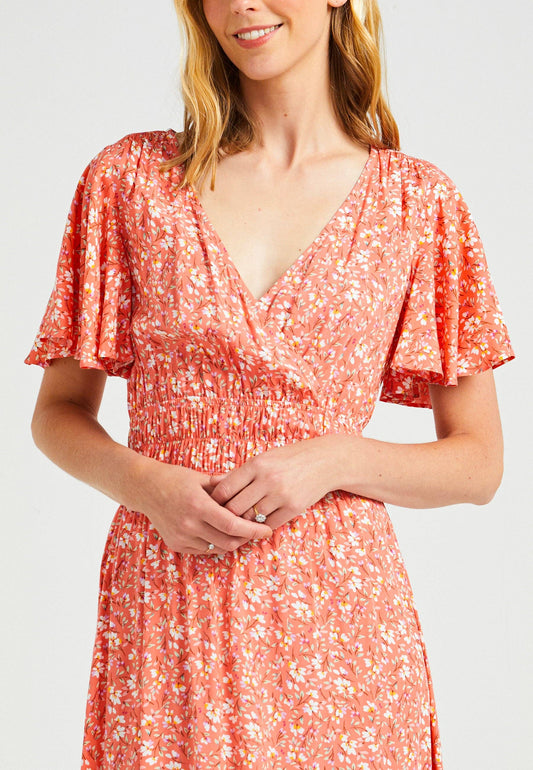 ANGELEYE - Flutter Sleeves Midi Dress With Elasticated Waist & Asymmetrical Hem: M