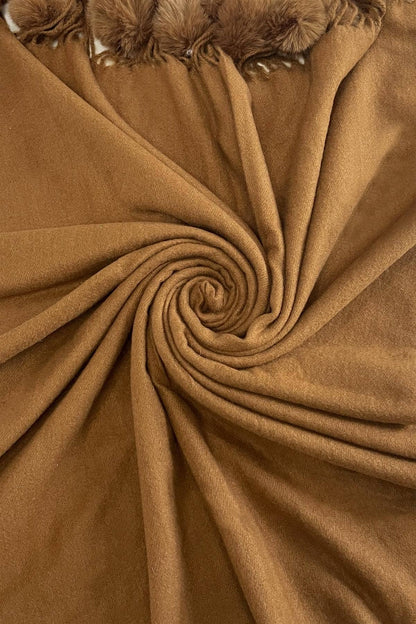 Fashion Scarf World - Plain Wool Pom Pom Scarf: Brown