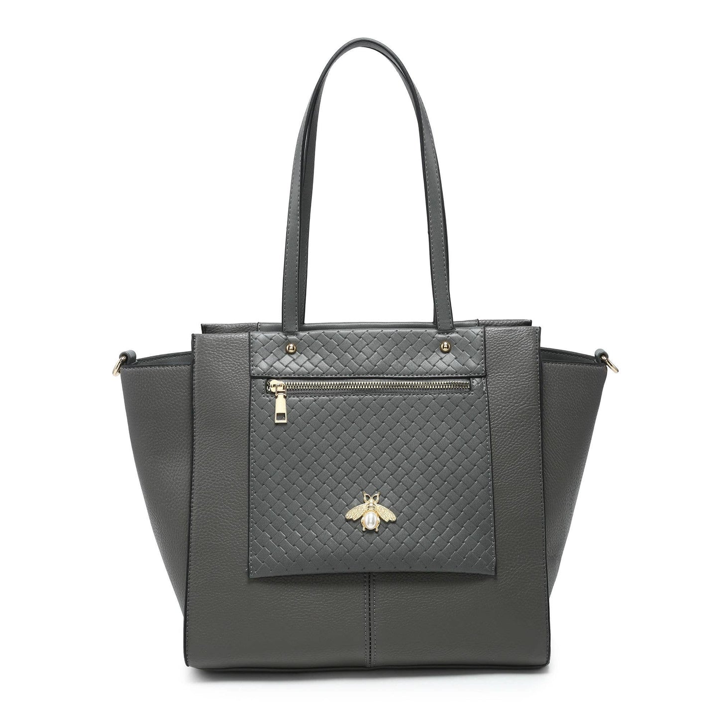 Bee Badge Zipped Pockets Top Zipped Tote Handbag: Brown