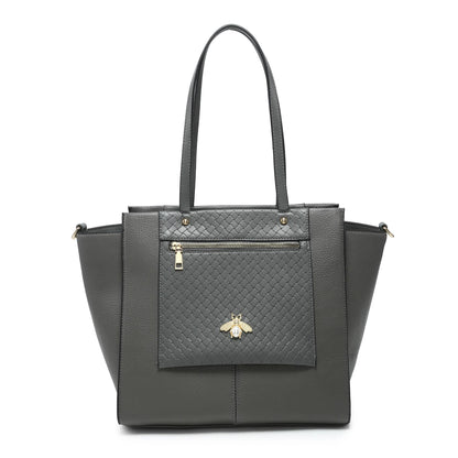 Bee Badge Zipped Pockets Top Zipped Tote Handbag: Brown