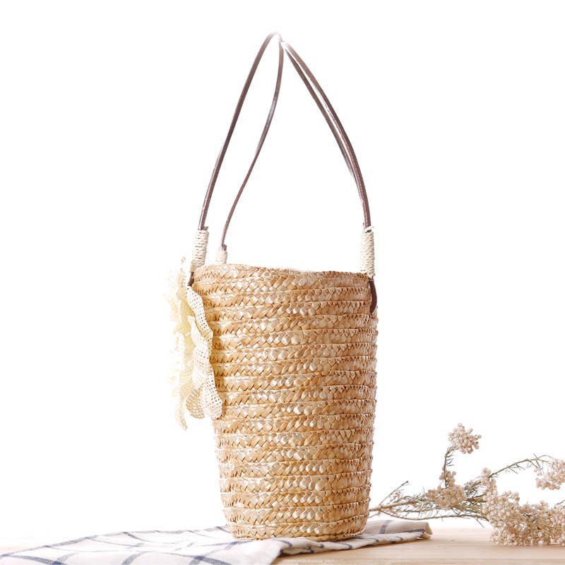 Superbia - Small Flower Bright Colors  Straw Basket Bag-Cl-27: Beige
