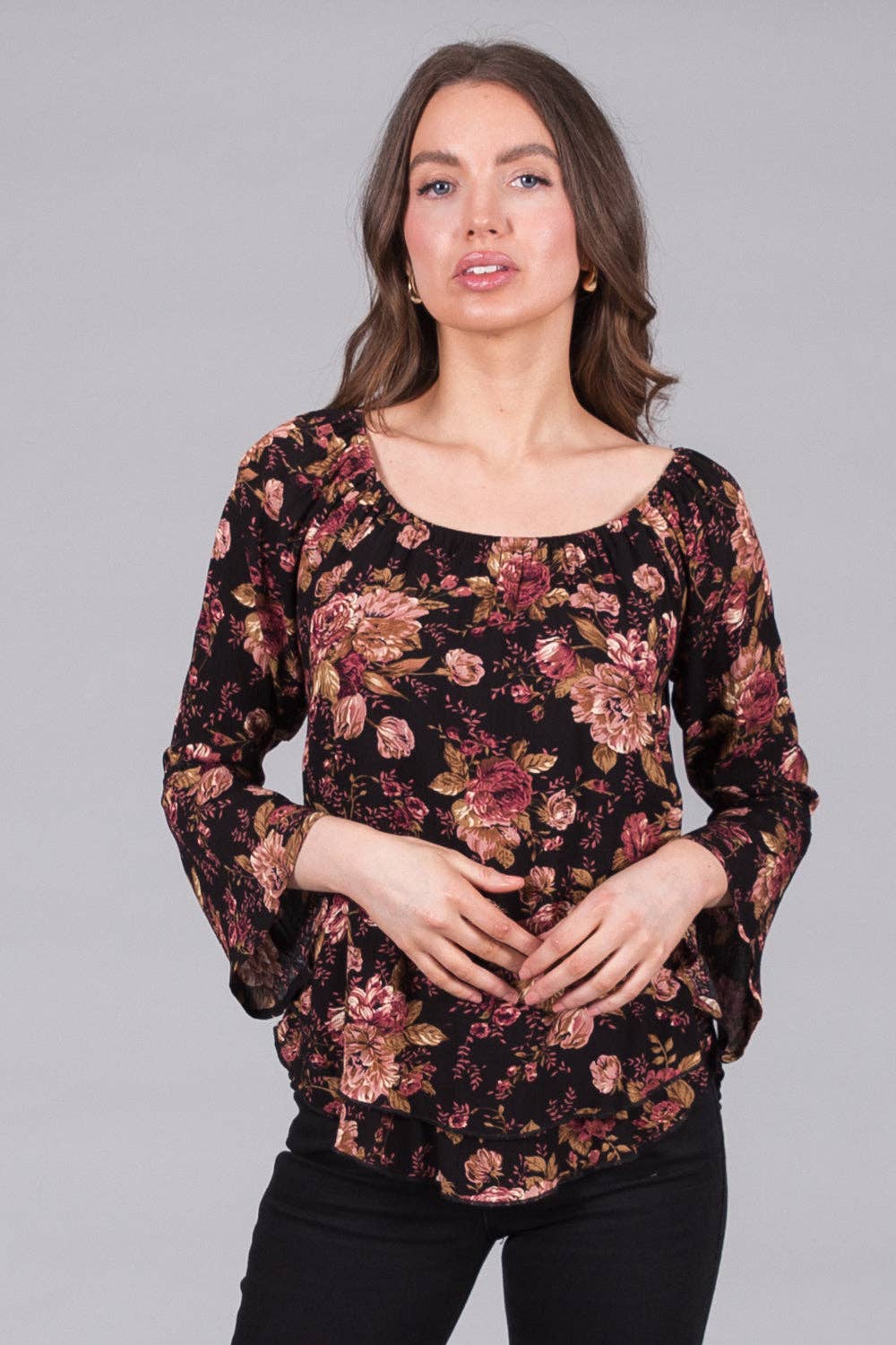 SOLO - Floral Chiffon Top with Bell Sleeves: 14