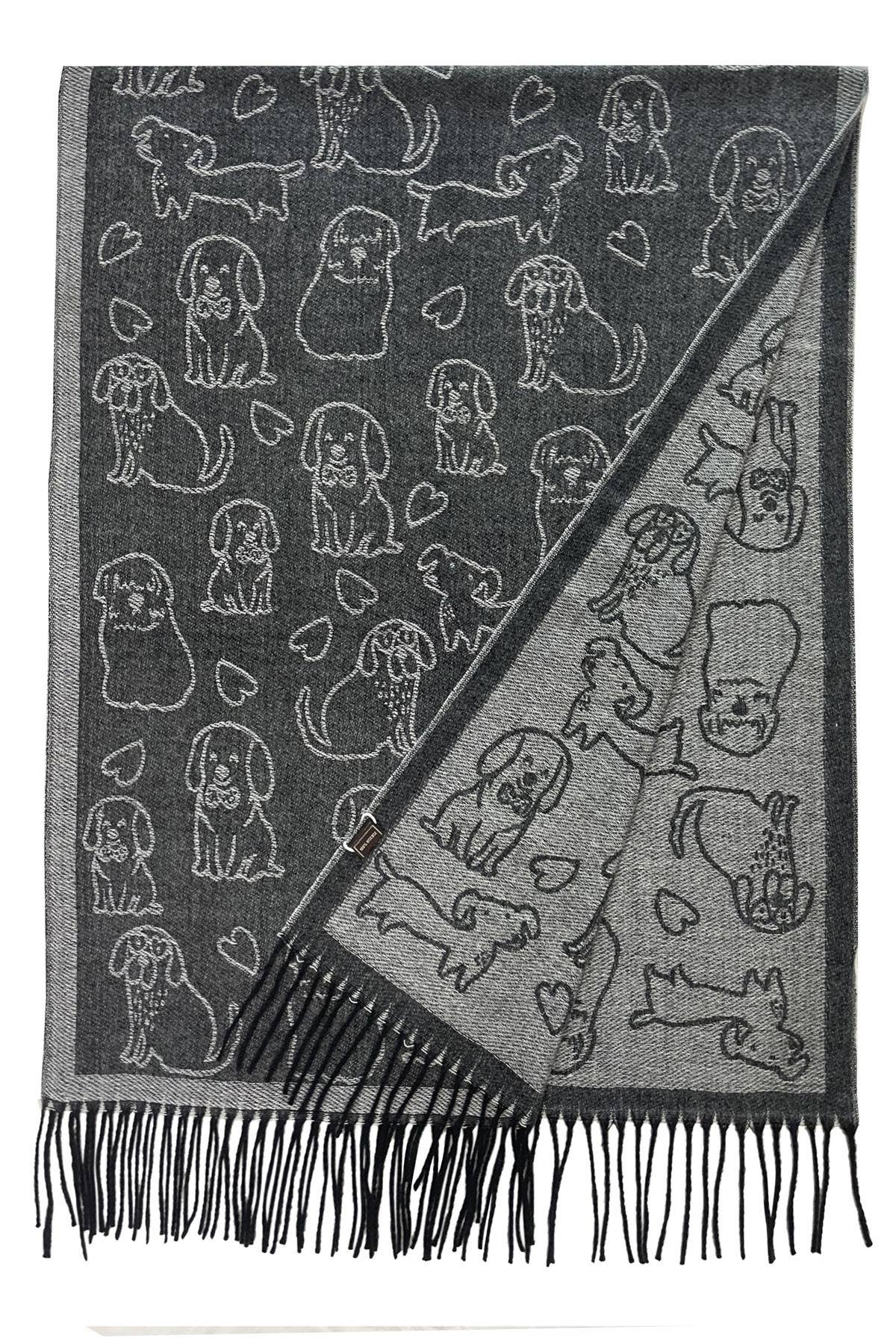 Fashion Scarf World - Cute Dog & Love Heart Reversible Print Tassel Scarf: Charcoal