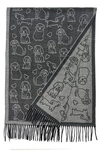 Fashion Scarf World - Cute Dog & Love Heart Reversible Print Tassel Scarf: Charcoal