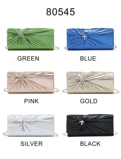 Diamante Pin On The Flap Over Cover Satin Clutch Bag: Black