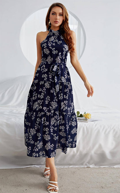 FS Collection - Halter Neck Midi Layer Dress In Nave & White Flora Print: L