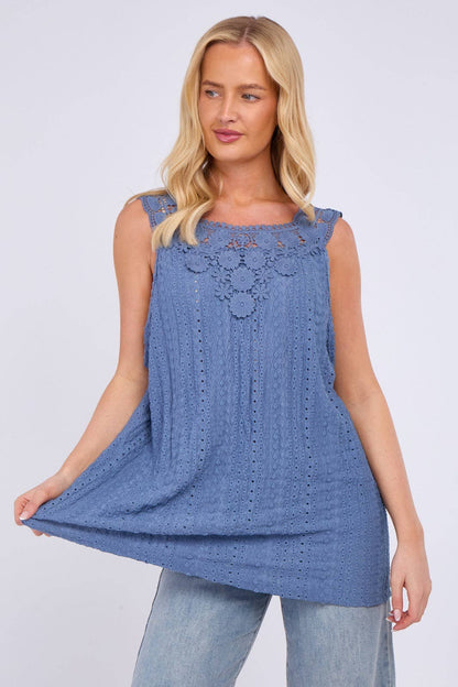 Embroidered Crochet Wide Lace Strap Vest Ladies Top: Sage / One Size To Fit UK 14 to 20
