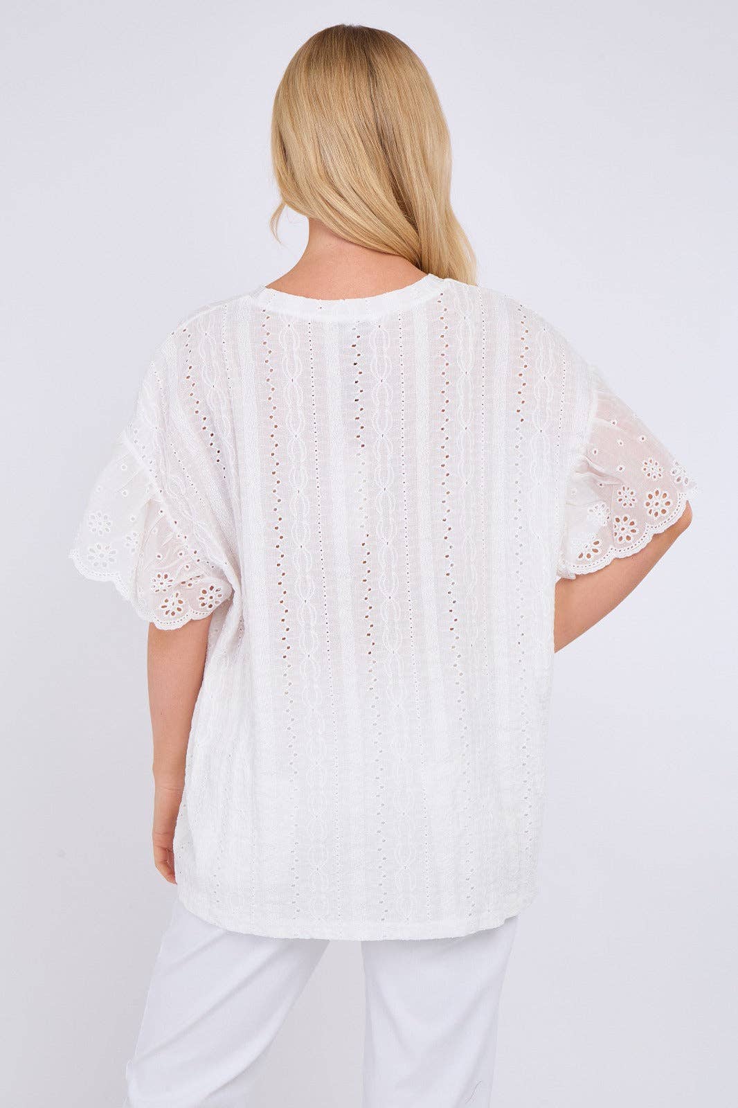 Crochet Embroidered Frill Sleeve Stretchable Top: Beige / One Size To Fit UK 12 to 18