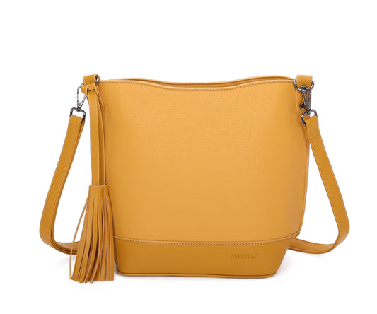 Medium Size Classic Shoulder Bag Cross Body Bag with Tassel: Taupe