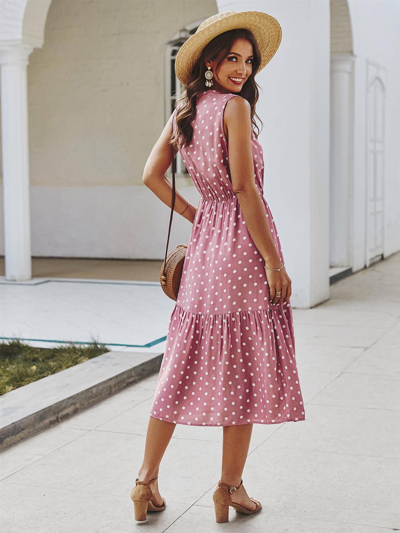 FS Collection - Tiered Midi Dress In Pink Polka Dot: 14