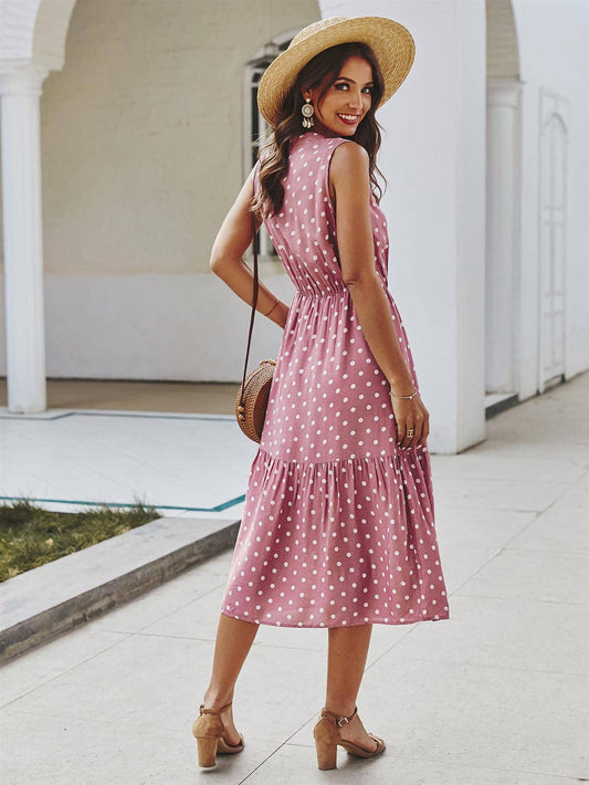 FS Collection - Tiered Midi Dress In Pink Polka Dot: 14