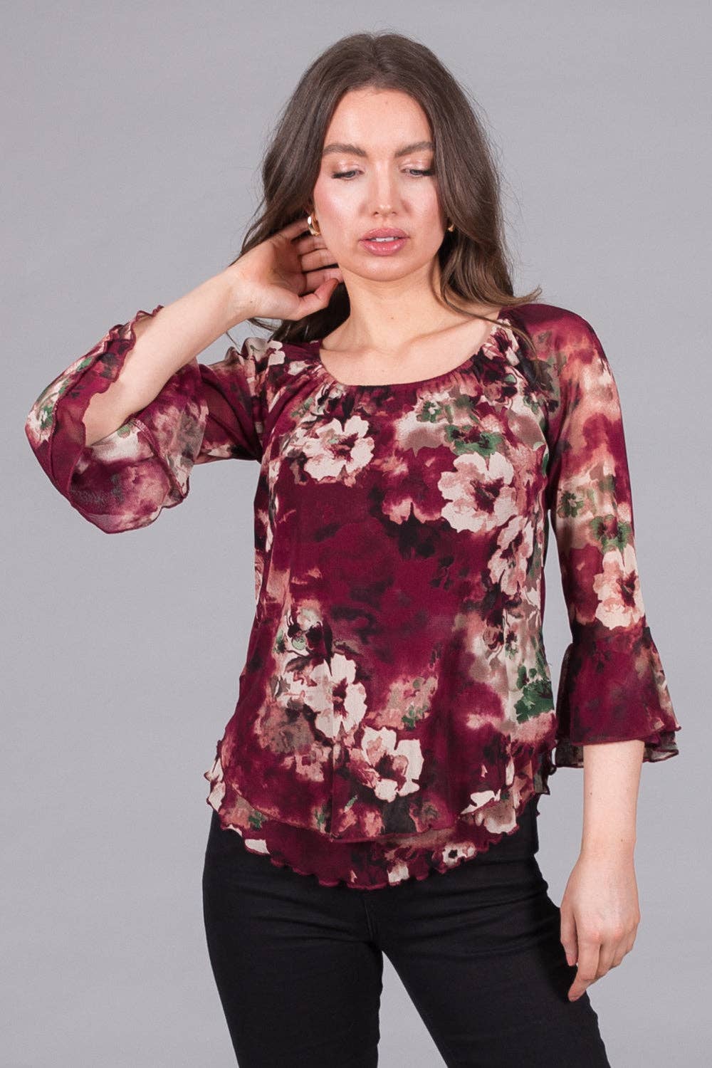 SOLO - Floral Print Top with Flared Sleeves: 10