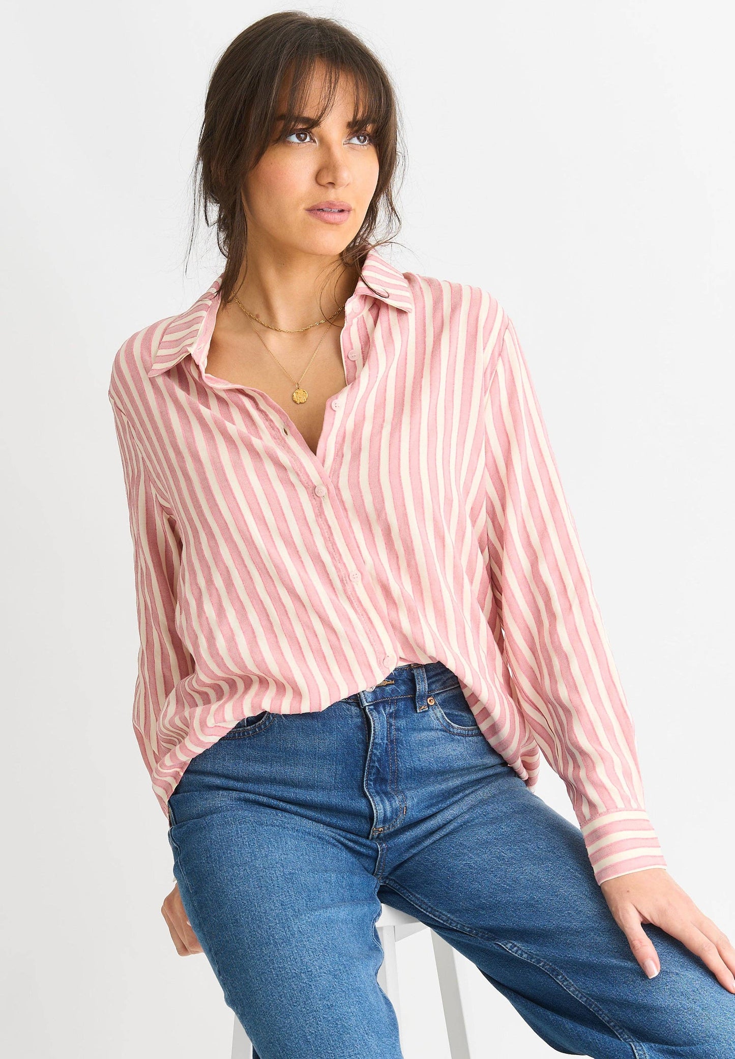 GINI LONDON - Blush Stripe Viscose Oversized Shirt: 50% Viscose & 50% Polyester / S-M (UK 8-10/US 4-6/EU 36-38)