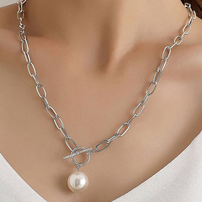 Pearl Drop Chain Necklace (Gold & Silver): Silver