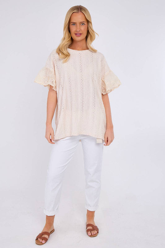 Crochet Embroidered Frill Sleeve Stretchable Top: Beige / One Size To Fit UK 12 to 18