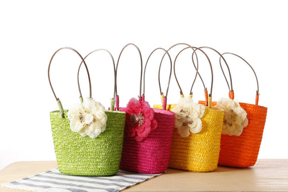 Superbia - Small Flower Bright Colors  Straw Basket Bag-Cl-27: Beige