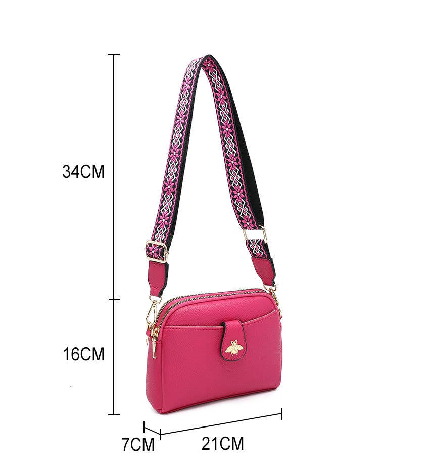 Cross Body Handbag with double zip top sections: Pink