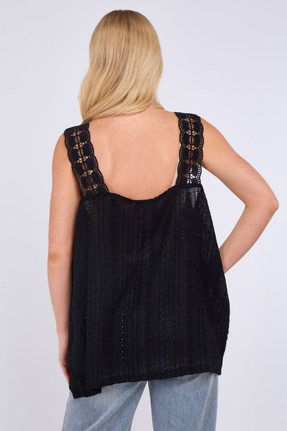 Embroidered Crochet Wide Lace Strap Vest Ladies Top: Sage / One Size To Fit UK 14 to 20