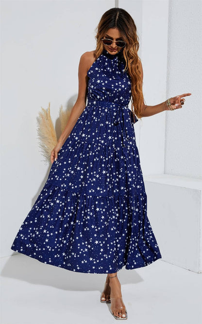 FS Collection - Night Sky Halter Neck Maxi Layer Dress In Navy & White Little Star: 12-14