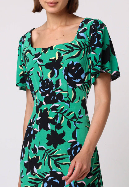 ANGELEYE - Angel Sleeves Green Midi Dress With Side Slit In Black Floral Print: M