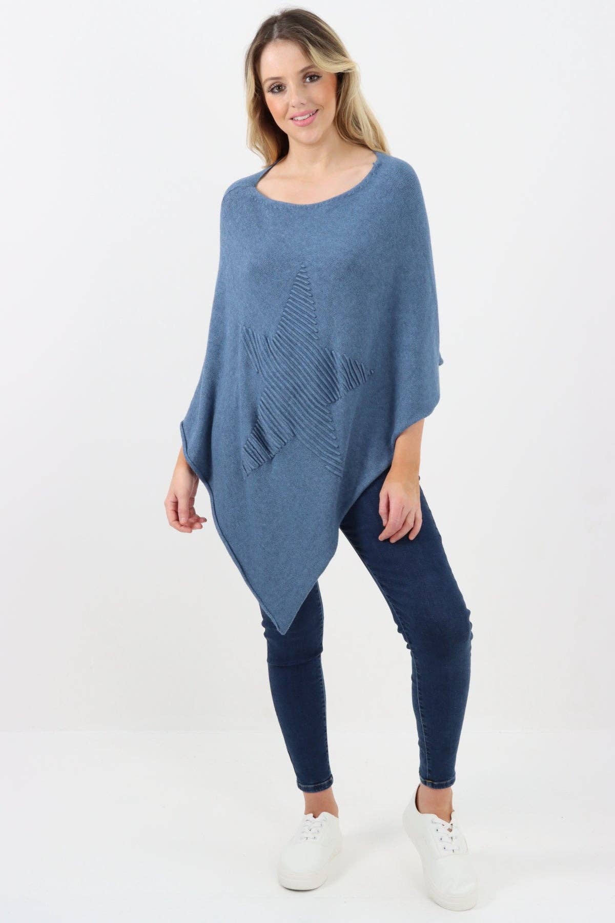 Italian Knitted Lagenlook Star Poncho: Beige / One Size To Fit UK 8-18