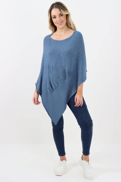 Italian Knitted Lagenlook Star Poncho: Beige / One Size To Fit UK 8-18