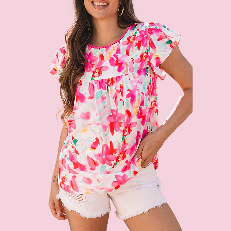 MUWATI - Floral Print Flutter Sleeve Round Neck Casual Blouse: Rose / S