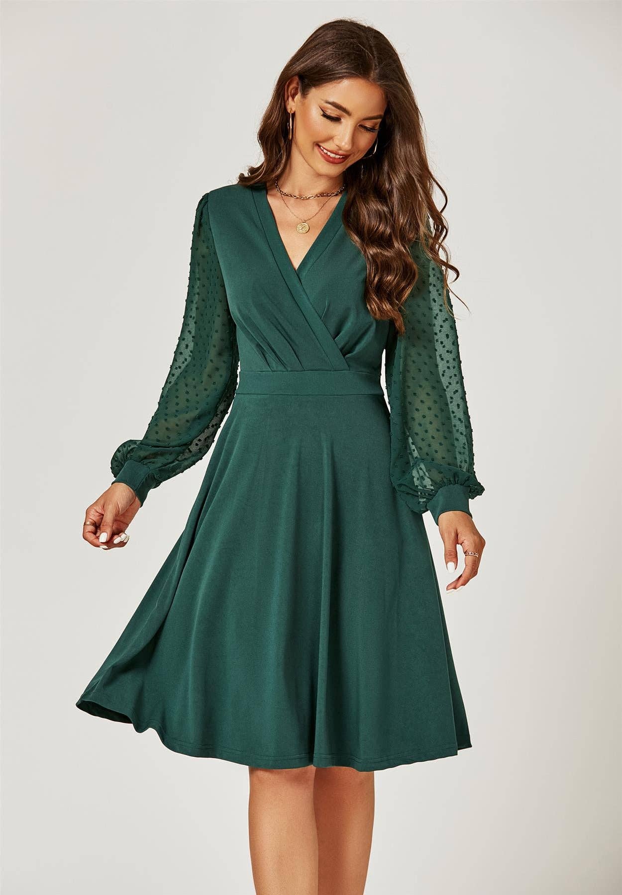 FS Collection - Long Chiffon Sleeve Pleated Midi Dress In Dark Green: XL