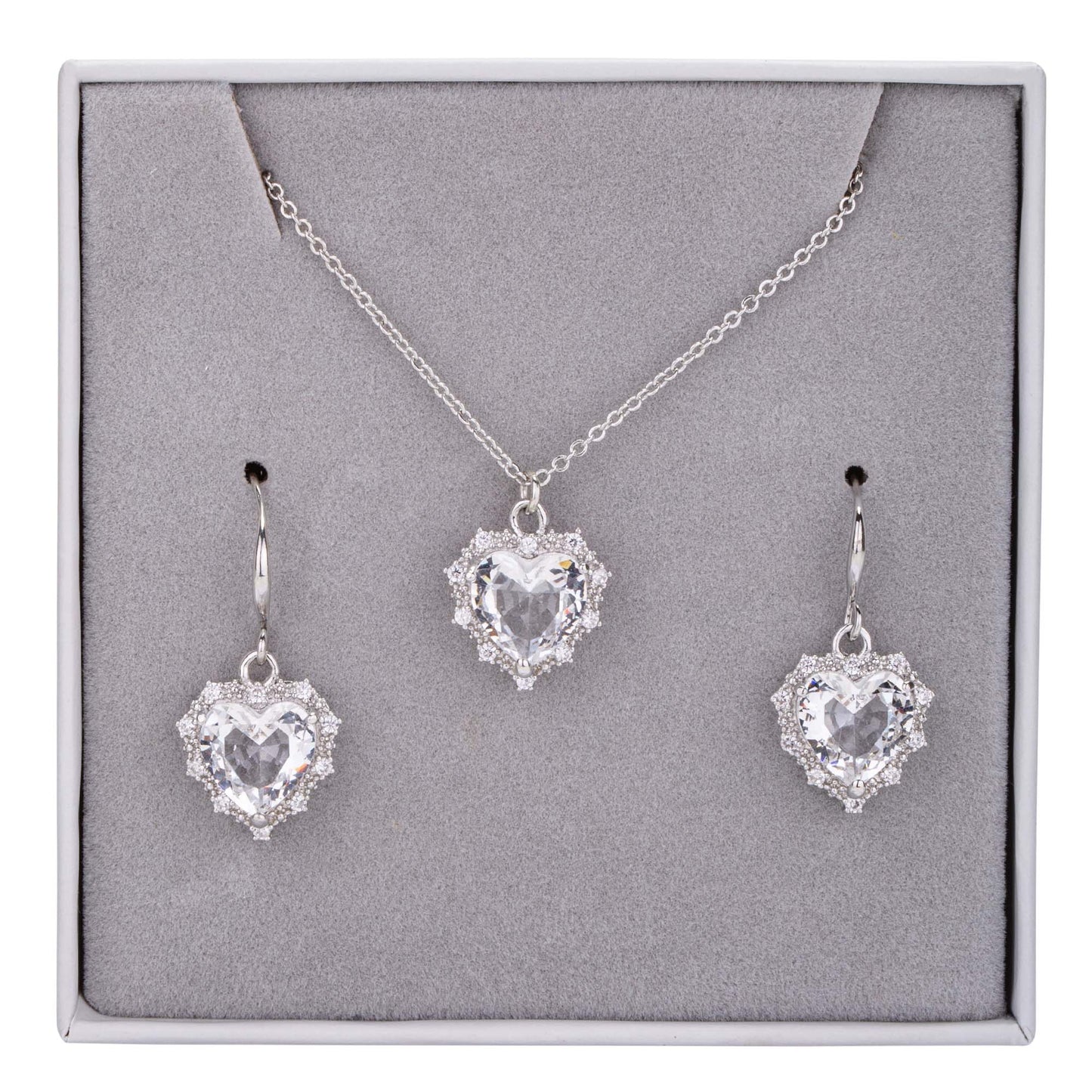 D&X Ltd - Boxed Rhodium Silver & Crystal Heart Pendant Necklace & Earrings Set: Clear